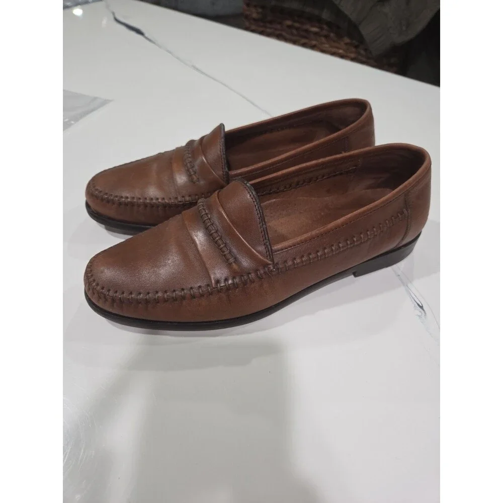 Brass Boot Men's 9.5 Cognac Brown Leather Slip On Braided Penny Loafers SB9